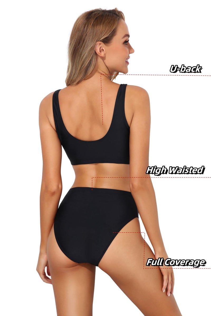 Tempt Me Women Black Two Piece Scoop Neck Bikini Crop Top Swimsuit Sporty High Waisted Bathing Suit Suit M - Image 2